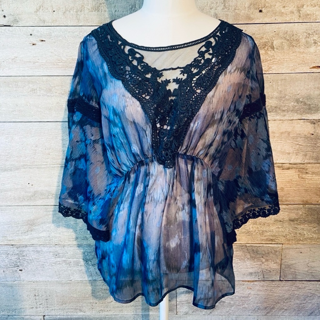 #69 Free Peoplw Blue Soft Sheer Top With Crochet Style Lace Trim. New Condition